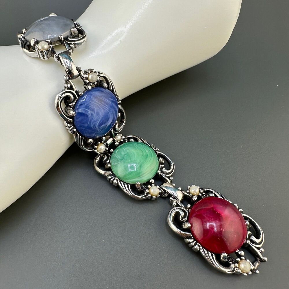 Vintage Bracelet Red Green Blue Marbled Cabochon Silver Tone Panel Link 6.25"